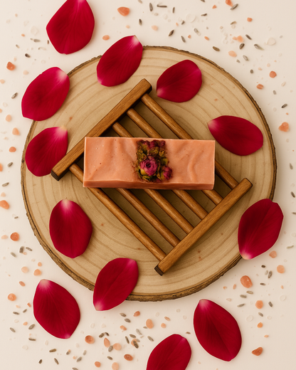 Pink soap bar with floral design on Deos Co.'s natural wooden soap dish holder surrounded by red rose petals on a decorative surface. Wooden Soap Holder