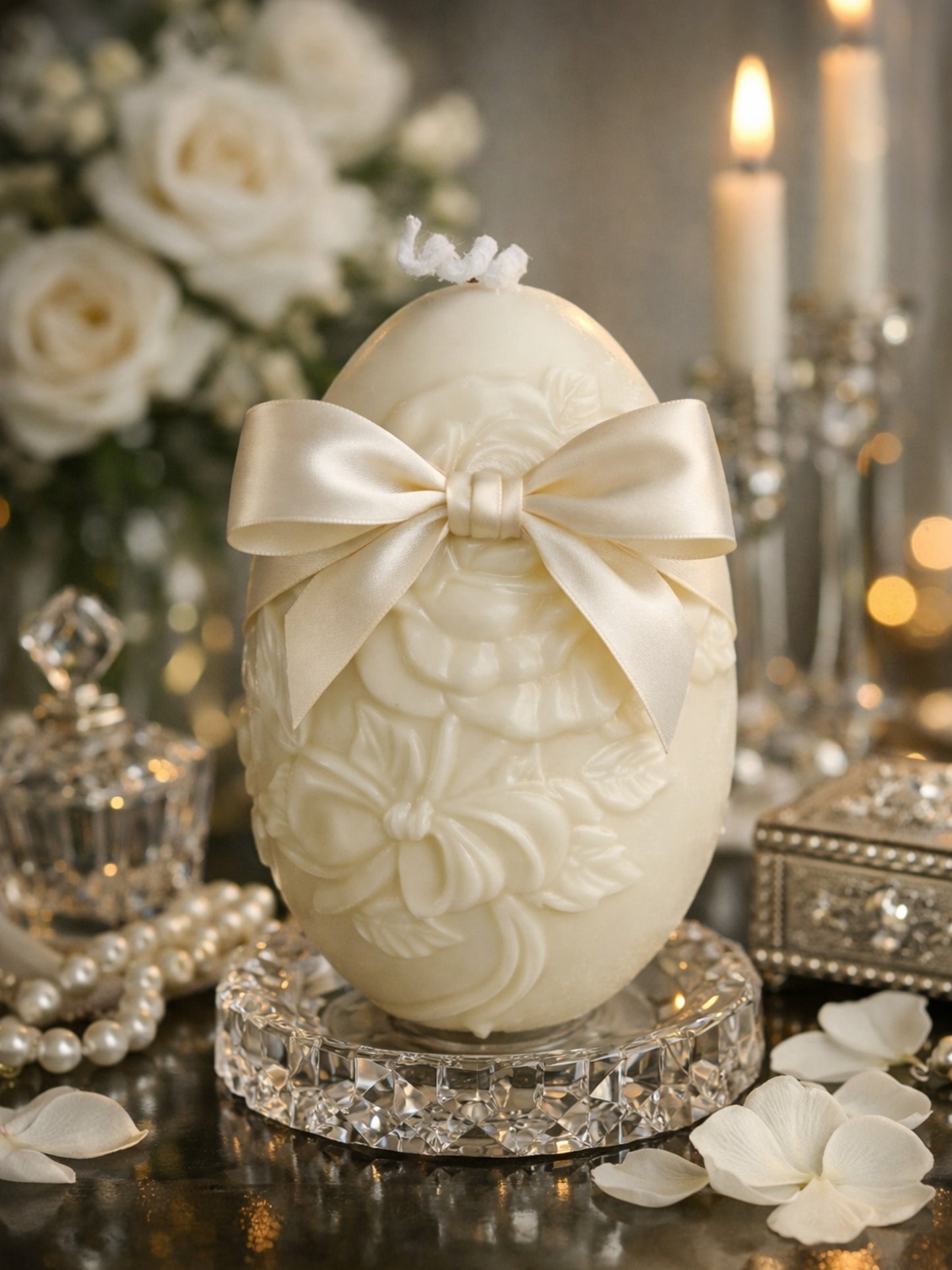 Luxury Easter egg decorative candle styled with soft ribbon, Nectar of Elysium honey vanilla soy wax candle in elegant setting