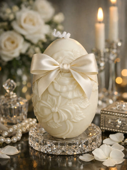 Luxury Easter egg decorative candle styled with soft ribbon, Nectar of Elysium honey vanilla soy wax candle in elegant setting