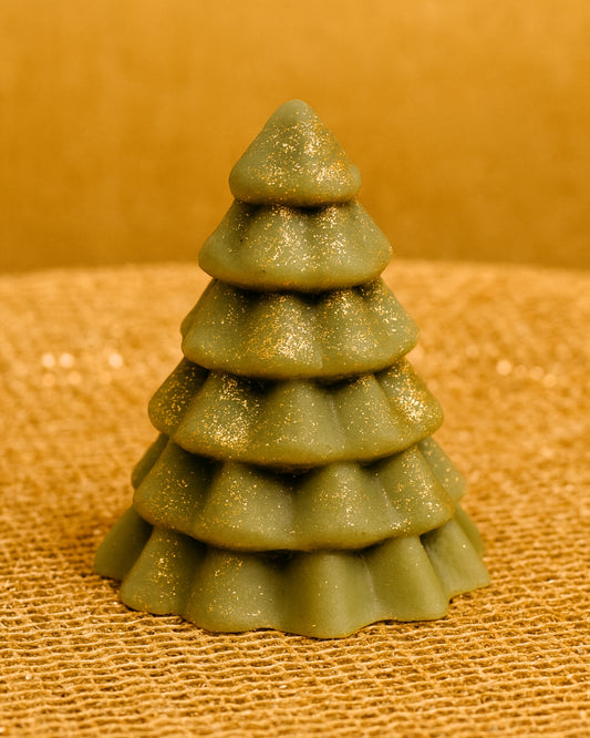 Luxury handmade Christmas tree soap by DEOS Co., crafted in Greece with pine and orange essential oils, French green clay, and golden shimmer — pure, elegant, and festive.