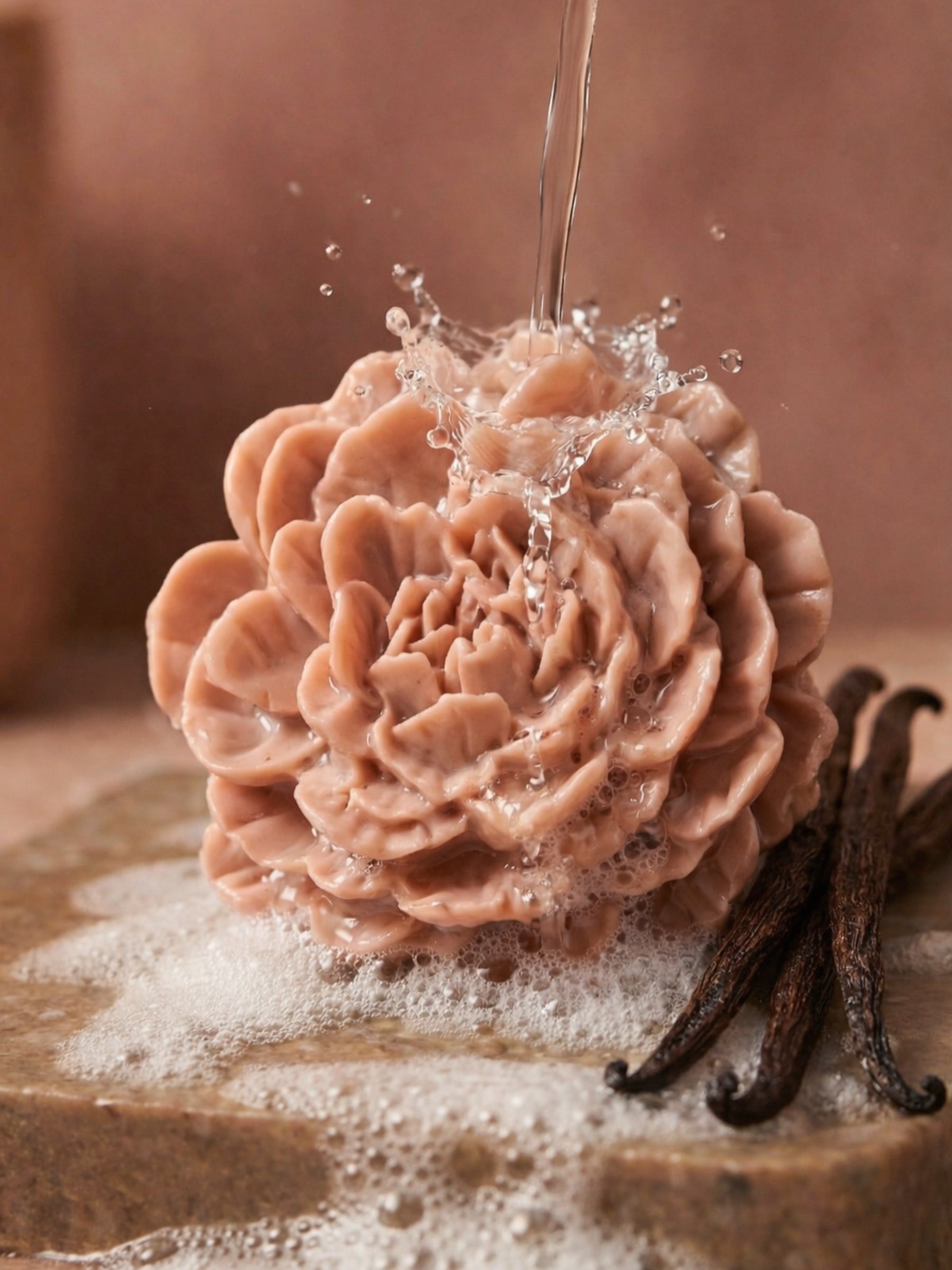 PEONÍA flower soap by DEOS Co., a Valentine’s Day rose geranium and vanilla bar with sculptural peony petals under running water with vanilla sticks