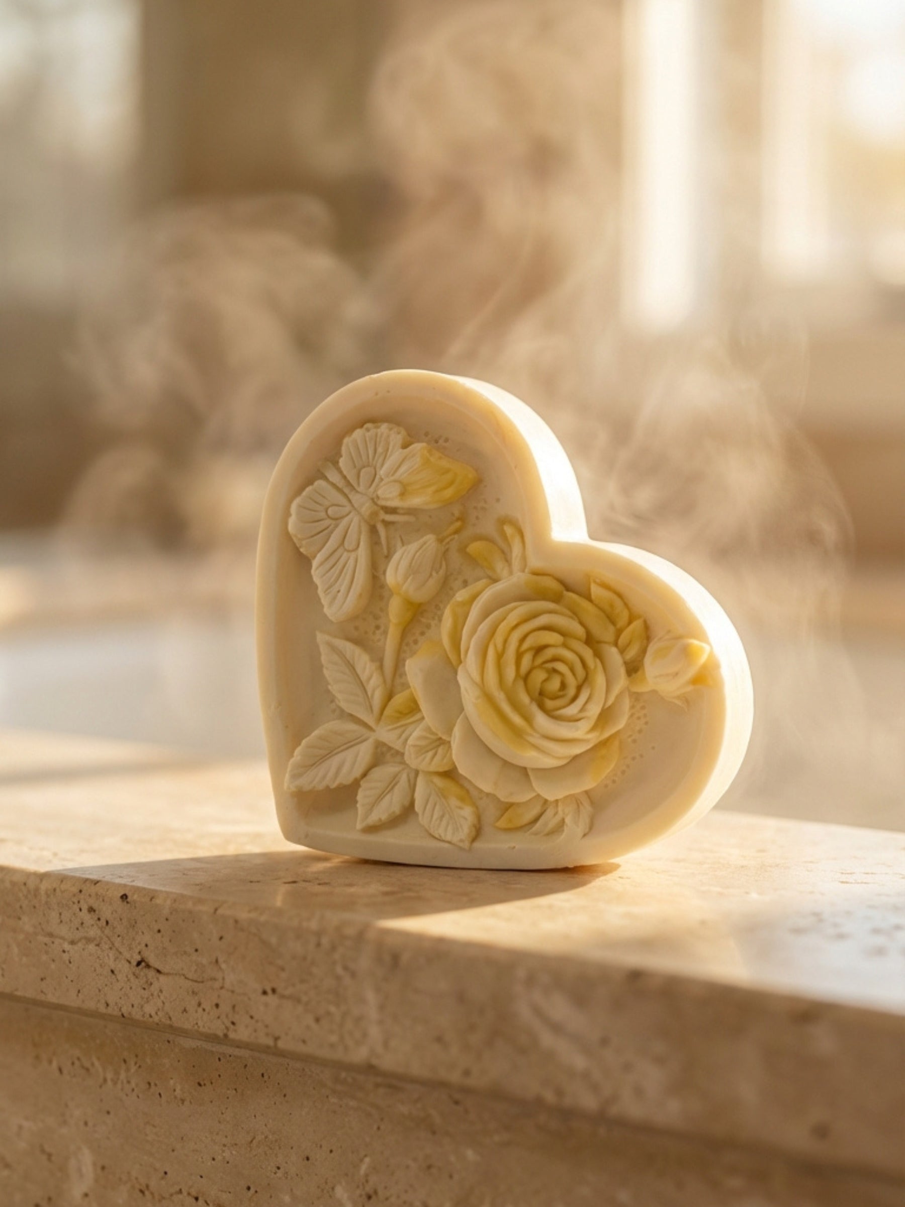 Heart-shaped soap with floral design on a marble surface in an ancient Greece inspired bathroom.
The Heart Soap by DEOS Co.
