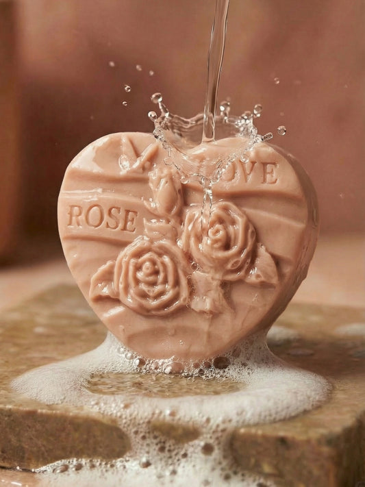 Rosélia rose heart soap with “ROSE” and “LOVE” engraving under running water, natural rose geranium and vanilla Valentine’s bar by Deos Co.