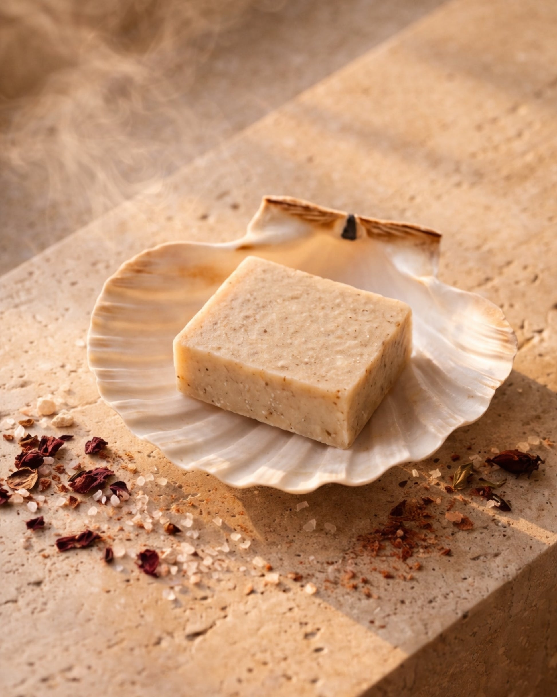 Bar of soap on a seashell soap holder by DEOSCO soap brand with a natural, earthy background