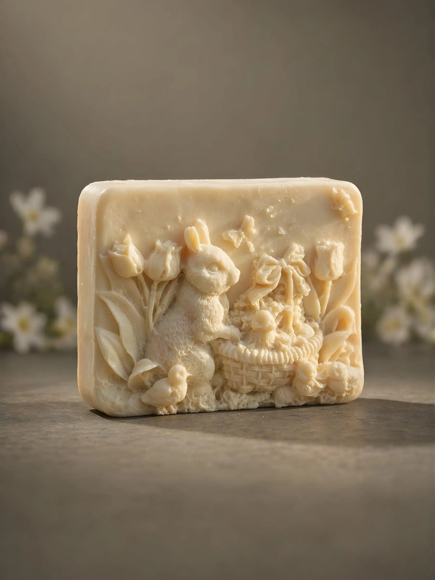 Jasmine olive oil soap with sculpted bunny and floral design by DEOS Co., luxury natural soap bar, NOCTÉA collection