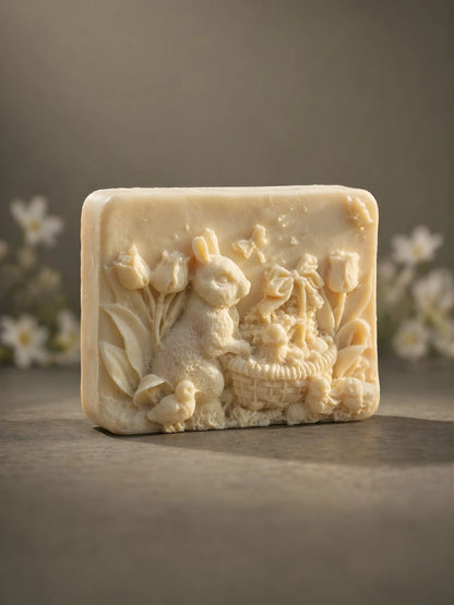 Jasmine olive oil soap with sculpted bunny and floral design by DEOS Co., luxury natural soap bar, NOCTÉA collection