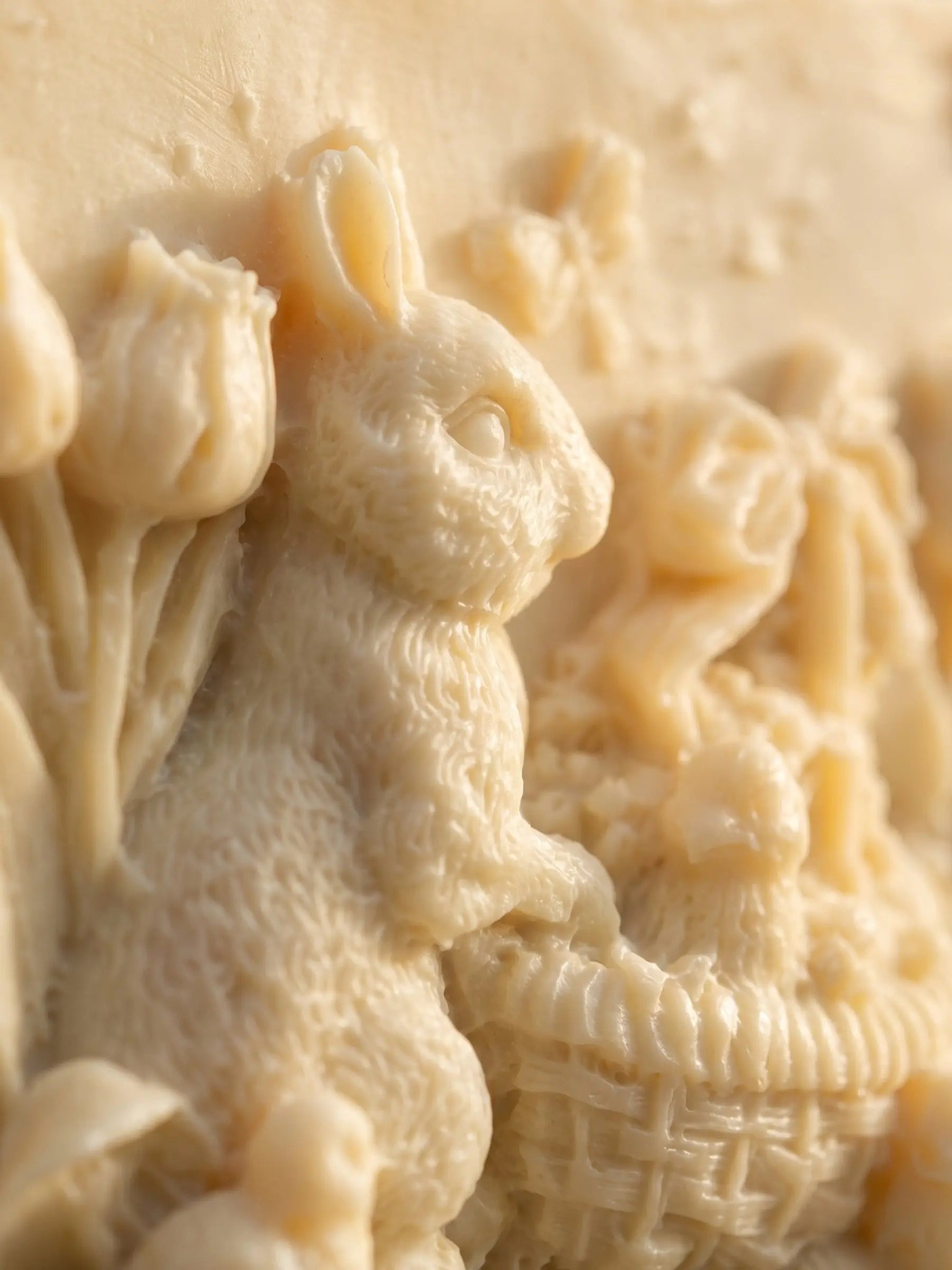 Close-up of handcrafted jasmine olive oil soap with detailed bunny and botanical relief, premium natural skincare by DEOS Co.
