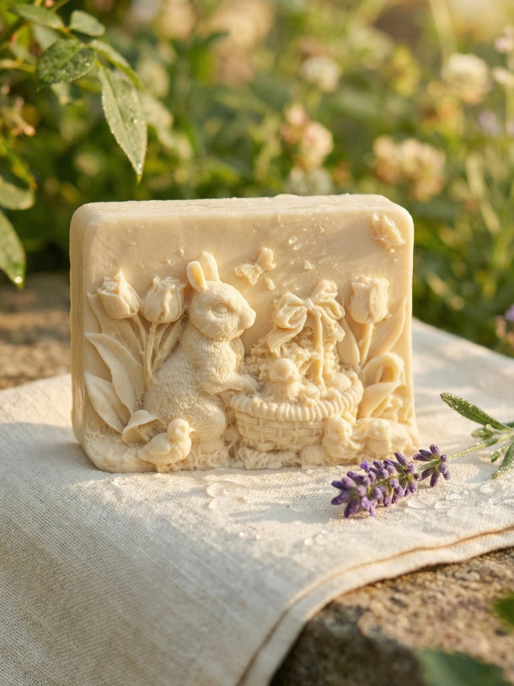DEOS Co. THALÉA olive oil and lavender bunny soap from the Nardus Bliss Collection displayed outdoors on linen with lavender sprigs in soft natural sunlight
