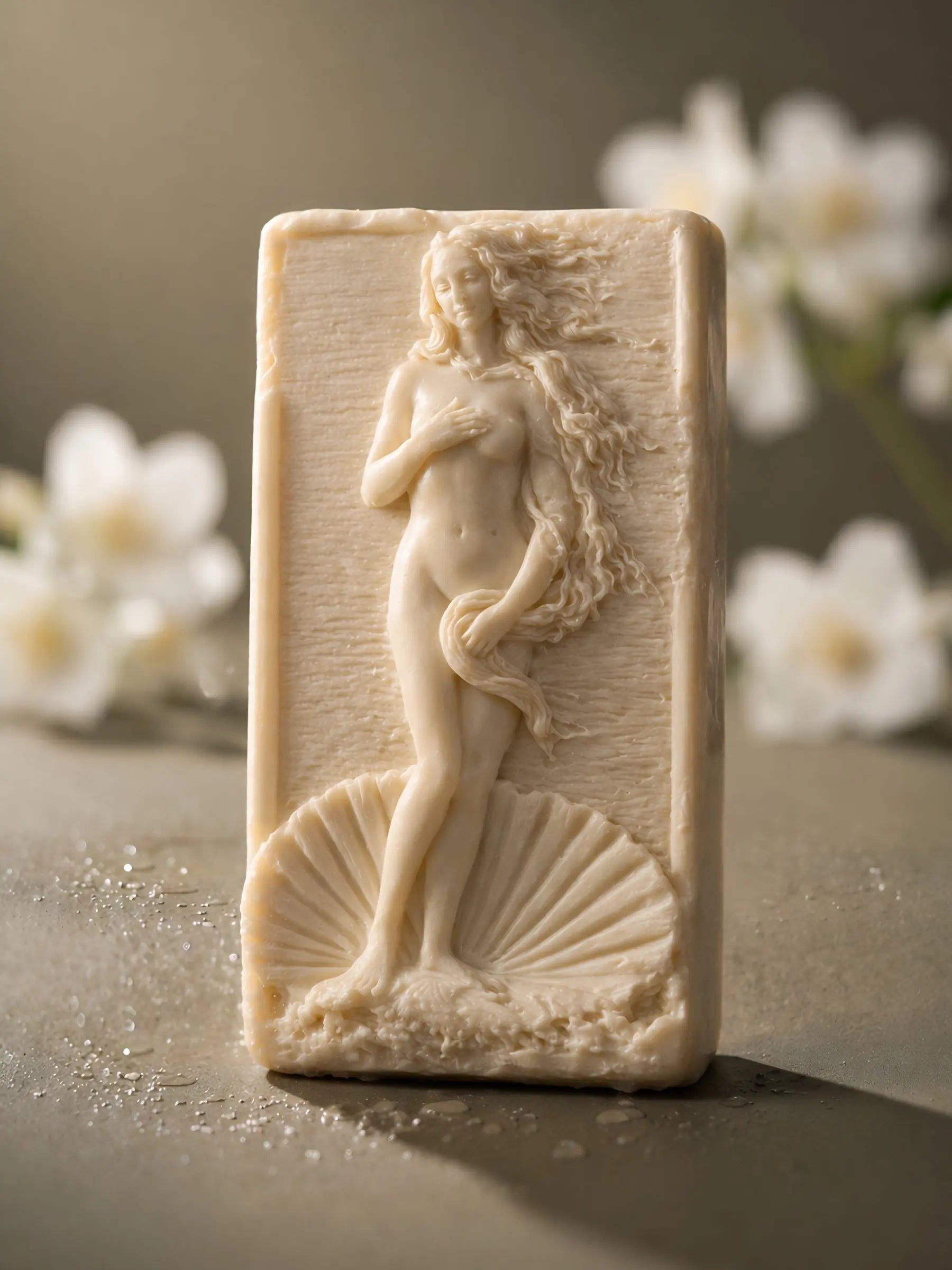 Minimalist Aphrodite jasmine olive oil soap bar on neutral background, elegant natural skincare by DEOS Co.