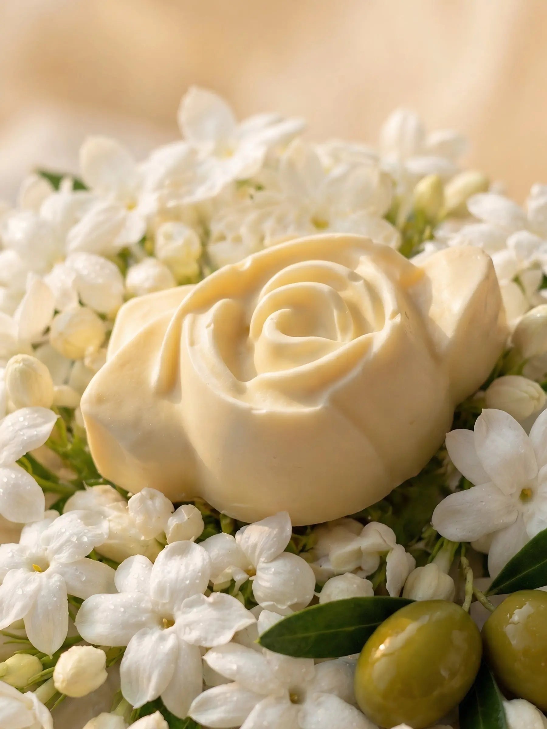 Jasmine olive oil rose soap surrounded by white jasmine flowers and green olives, luxury natural soap by DEOS Co.