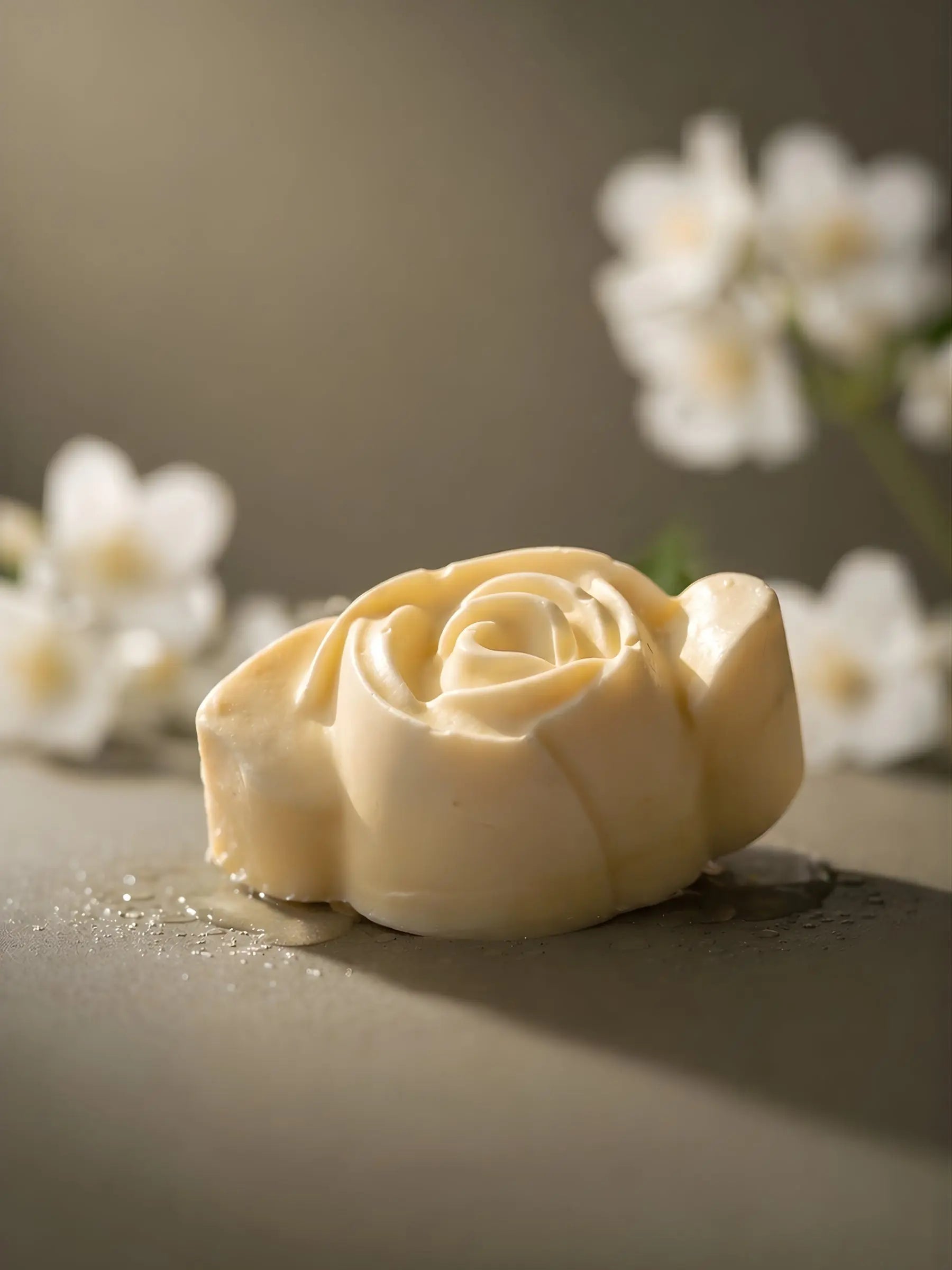 Rose-shaped jasmine olive oil soap with soft floral background, aesthetic handmade soap by DEOS Co.