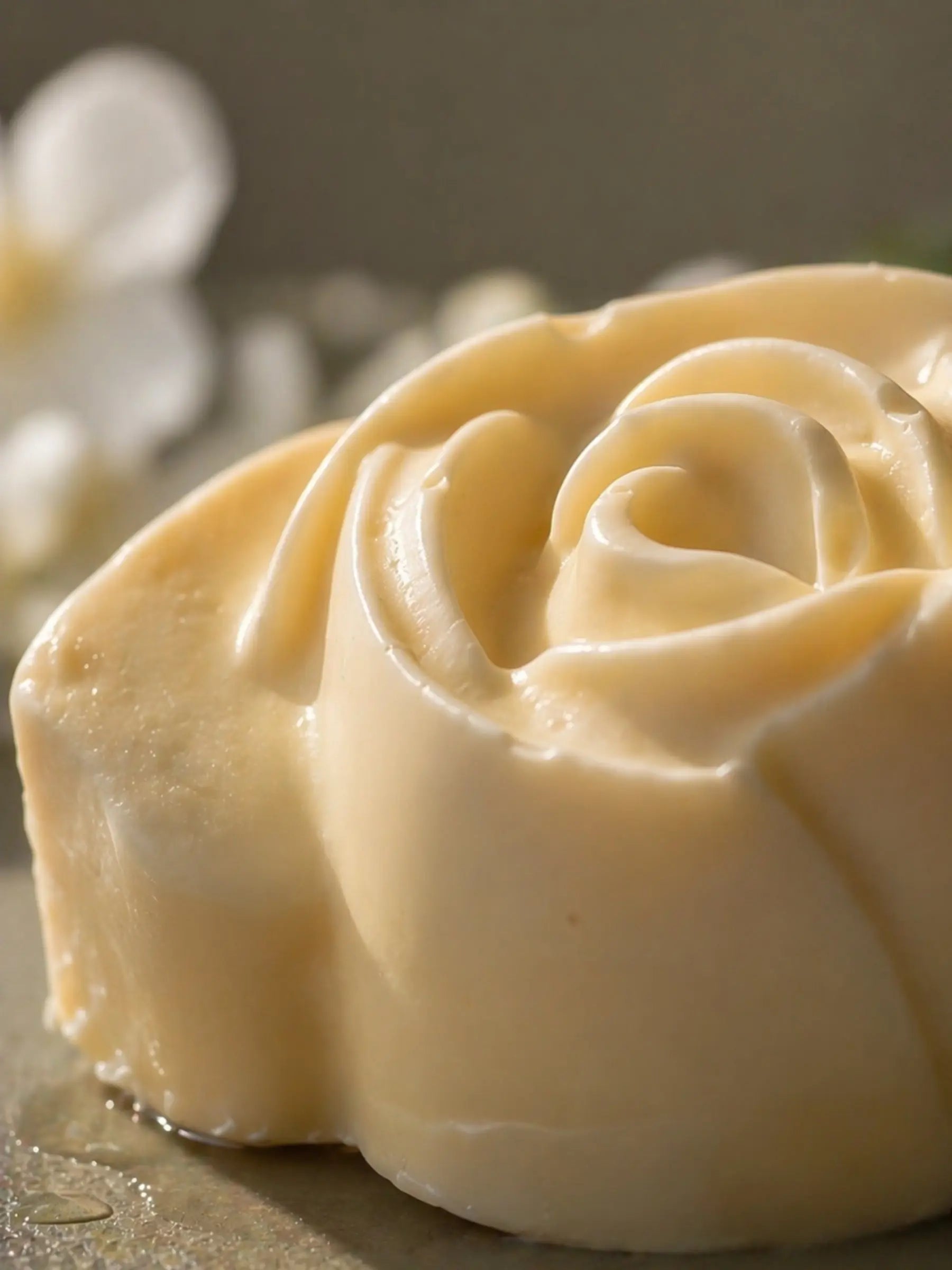 Close-up of rose-shaped jasmine olive oil soap, smooth creamy texture, handcrafted luxury soap by DEOS Co.