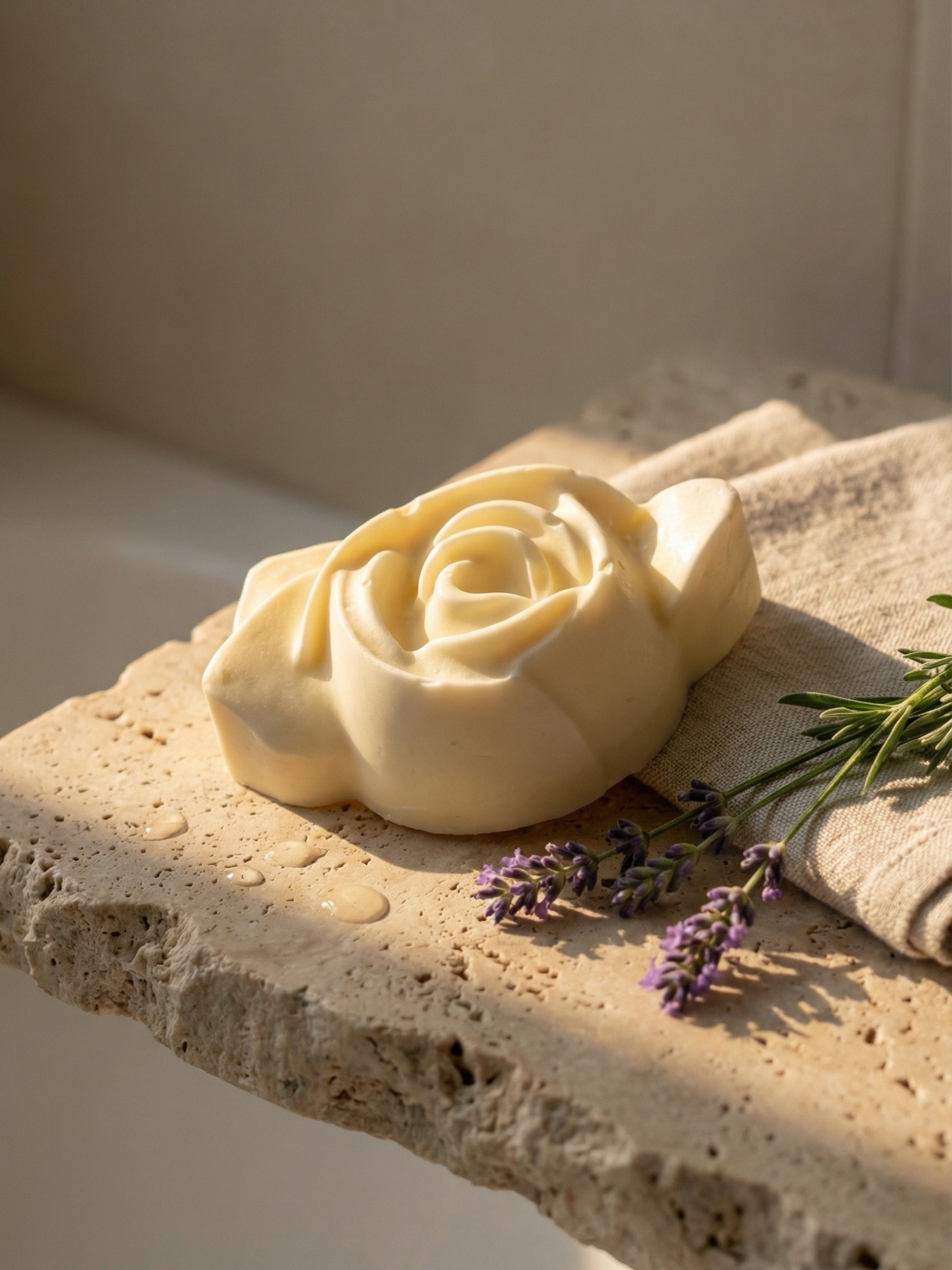The Anthéa by DEOS CO., a handcrafted rose-shaped olive oil and lavender soap resting on raw stone in soft light