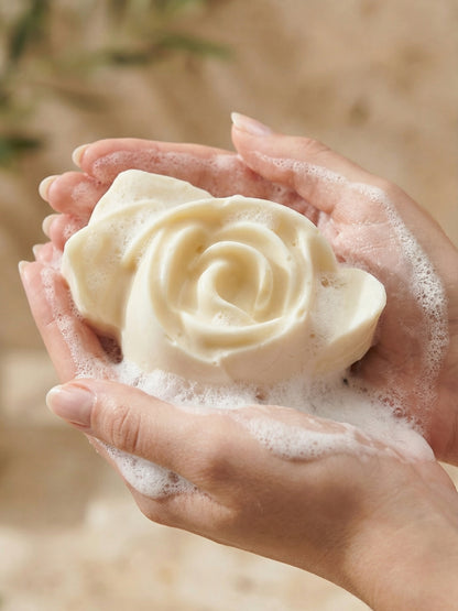 The Anthéa by DEOS CO., a rose-shaped olive oil and lavender soap creating a creamy lather between hands
