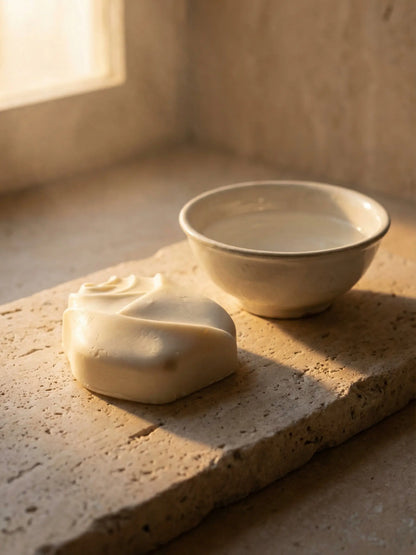 Natural olive oil lavender soap styled in a minimal stone bathroom setting / DEOS CO The Bud Soap