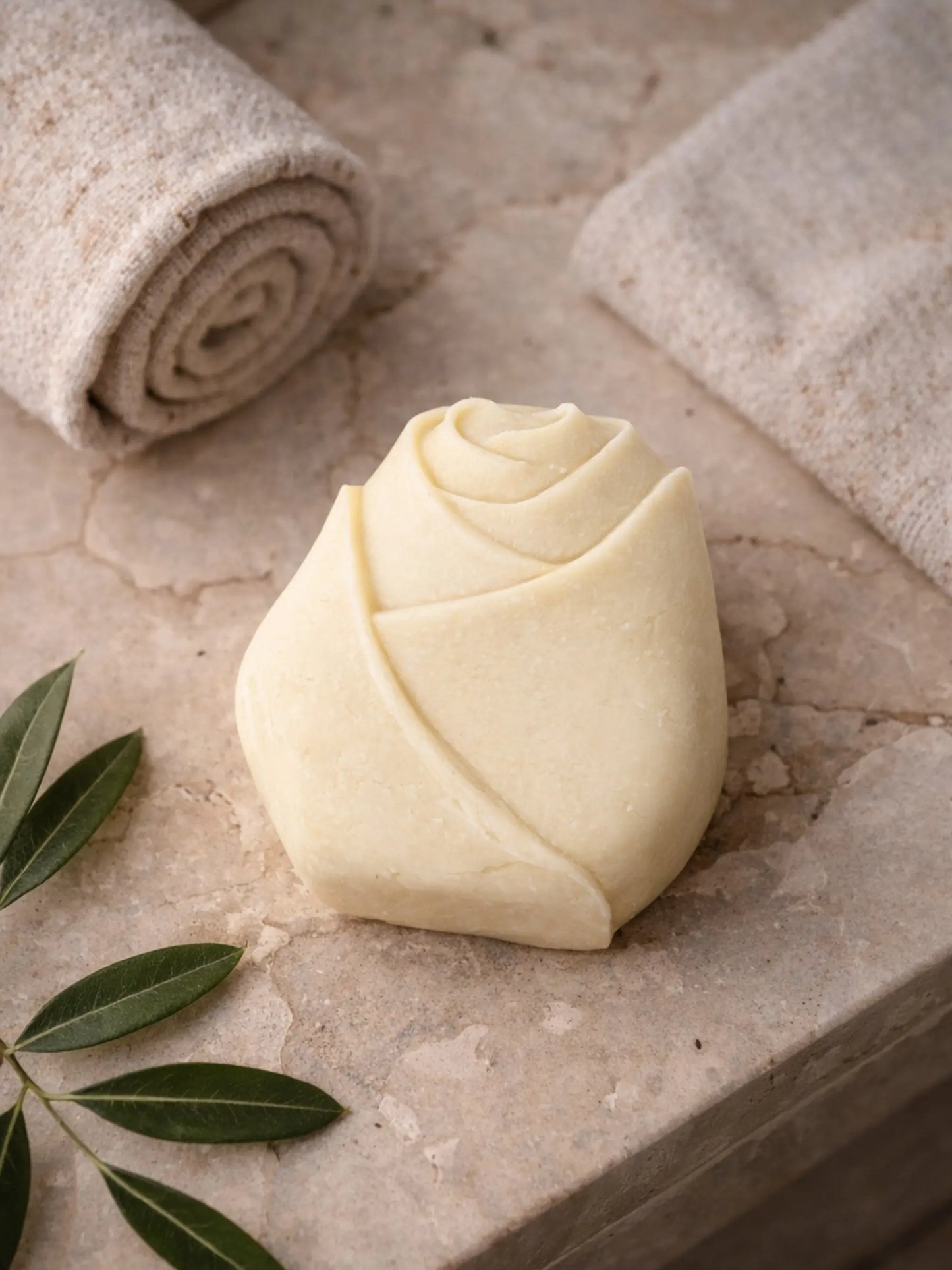 Olive oil lavender soap with linen towel and olive leaves, natural skincare aesthetic / DEOS Co. The Bud Soap