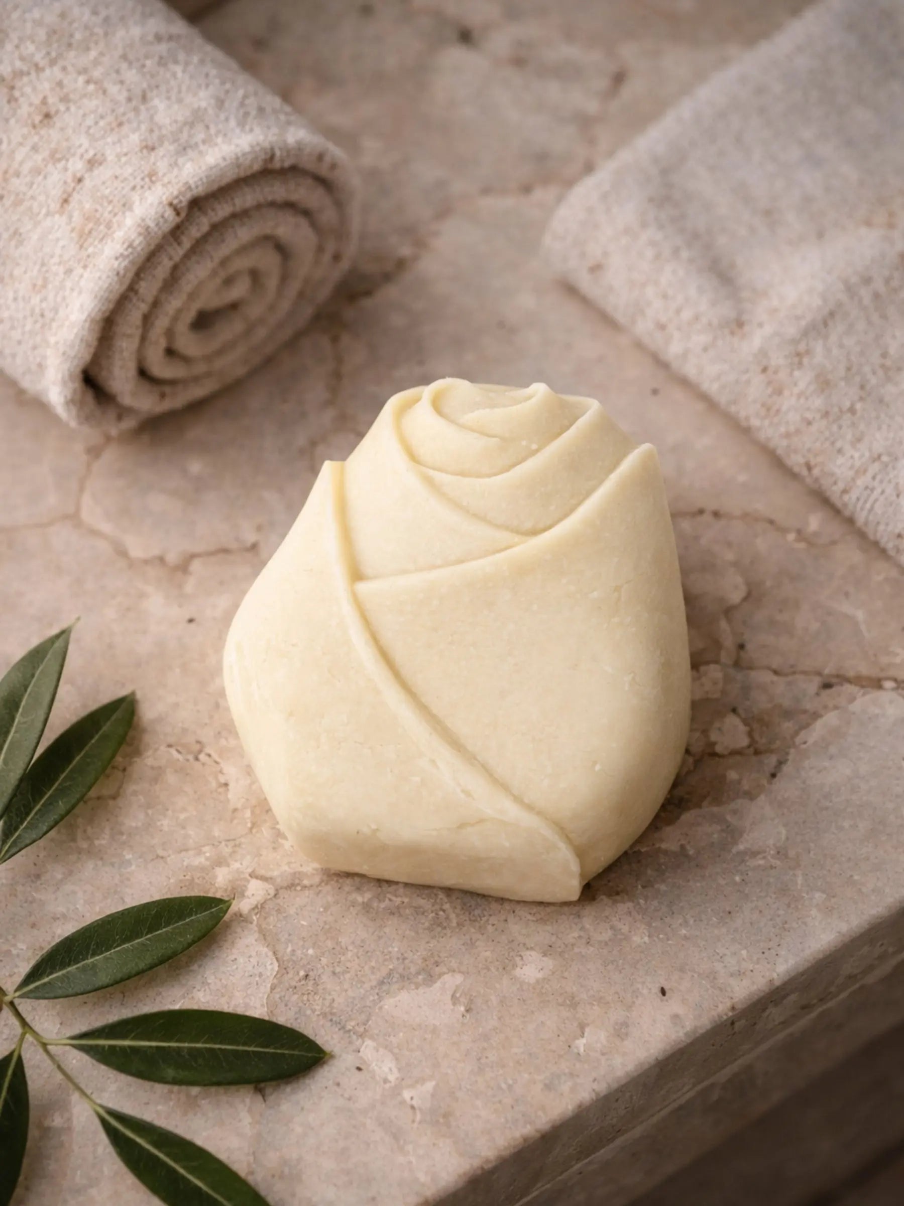 Olive oil lavender soap with linen towel and olive leaves, natural skincare aesthetic / DEOS Co. The Bud Soap
