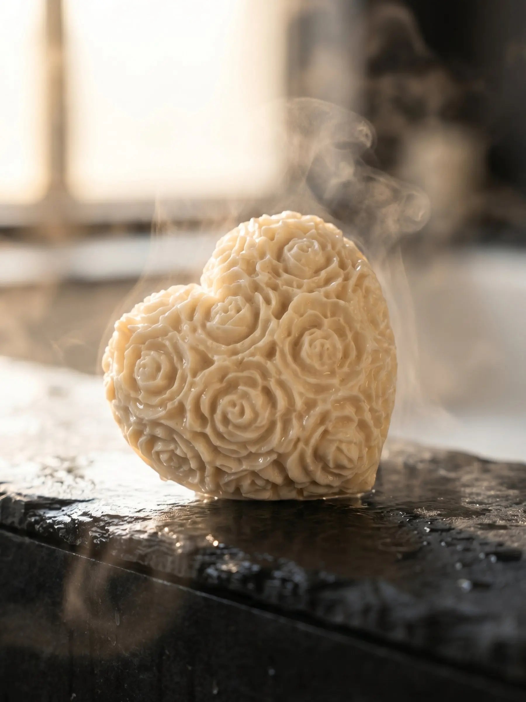 Jasmine olive oil heart soap with floral design in soft steam, premium natural soap by DEOS Co.