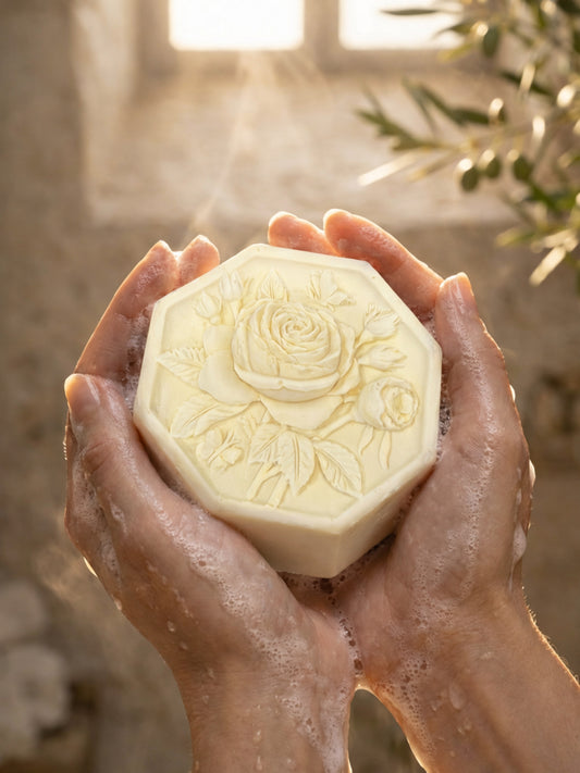 The Harmonia soap by DEOS Co., handcrafted olive oil and lavender soap from the Nardus Bliss Collection, held in foamy hands with Greek organic olive oil