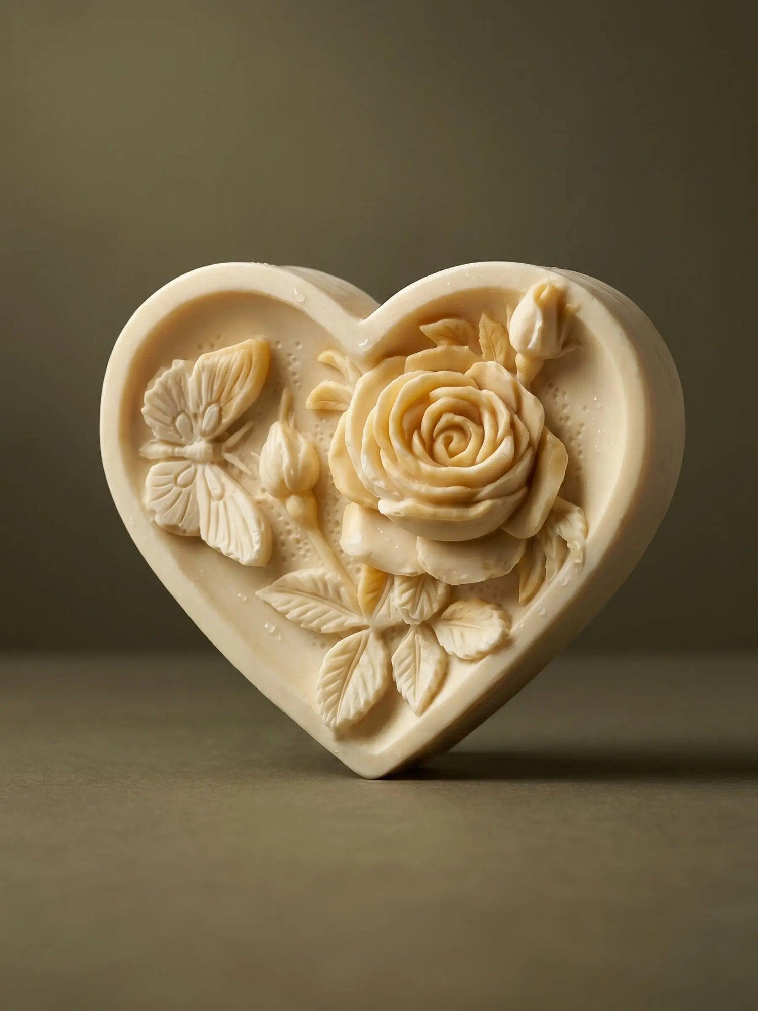 Heart-shaped jasmine olive oil soap with rose floral design, luxury handmade soap by DEOS Co.