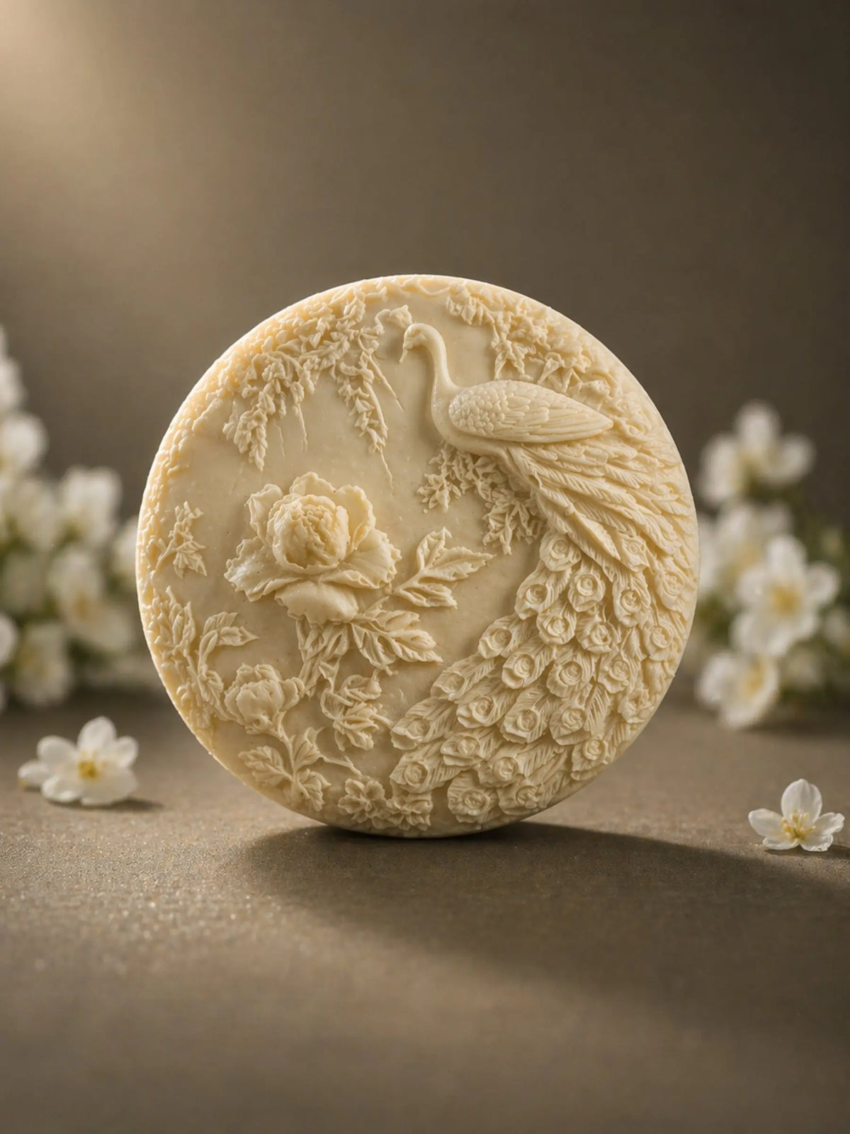 Peacock jasmine olive oil soap with floral relief, luxury handmade Greek soap by DEOS Co.