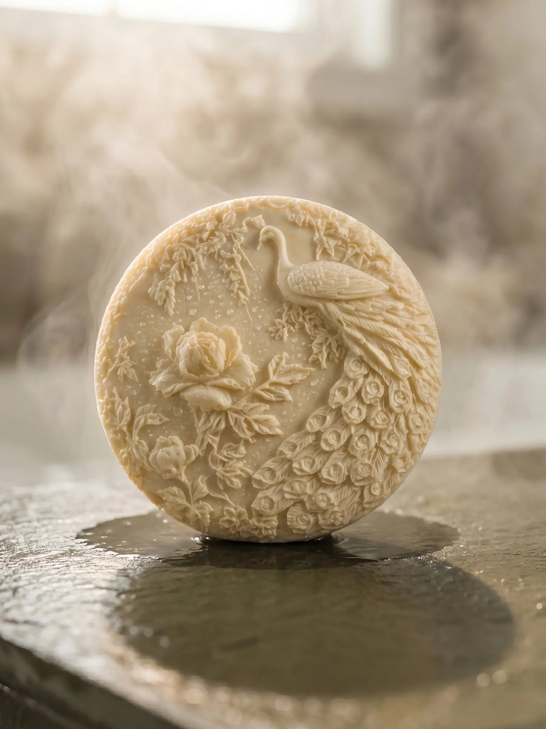 Round peacock jasmine olive oil soap in soft steam, elegant artisanal soap by DEOS Co.