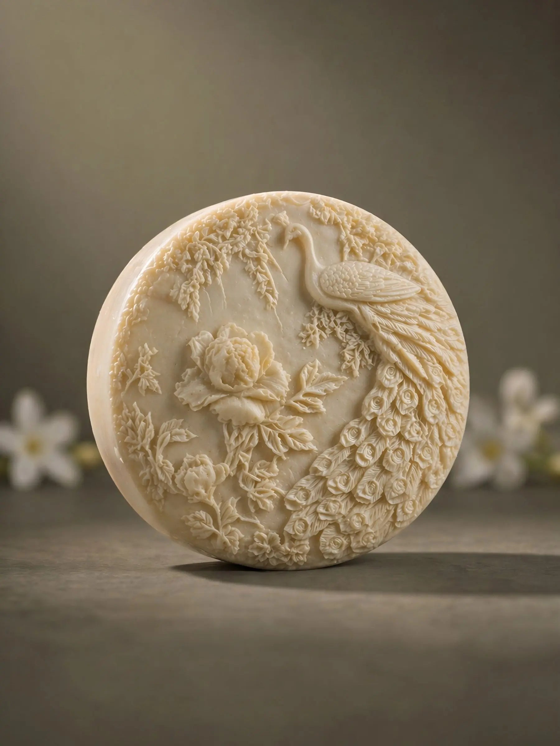 Minimalist round jasmine olive oil soap with peacock design on neutral background, luxury skincare DEOS Co.