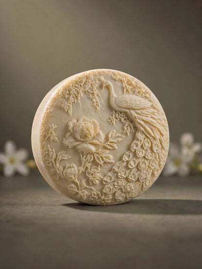 Minimalist round jasmine olive oil soap with peacock design on neutral background, luxury skincare DEOS Co.