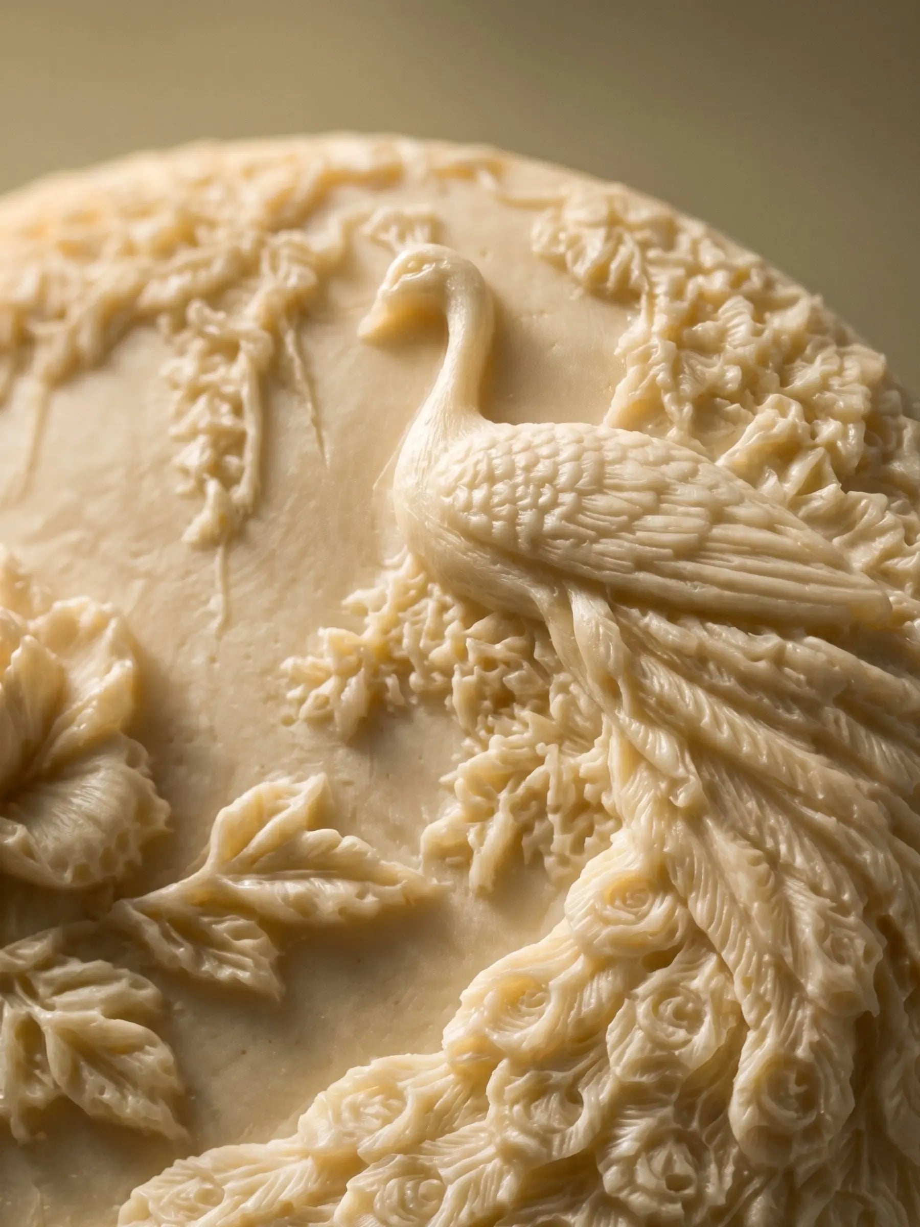 Close-up of peacock relief on jasmine olive oil soap, detailed handcrafted luxury soap by DEOS Co.