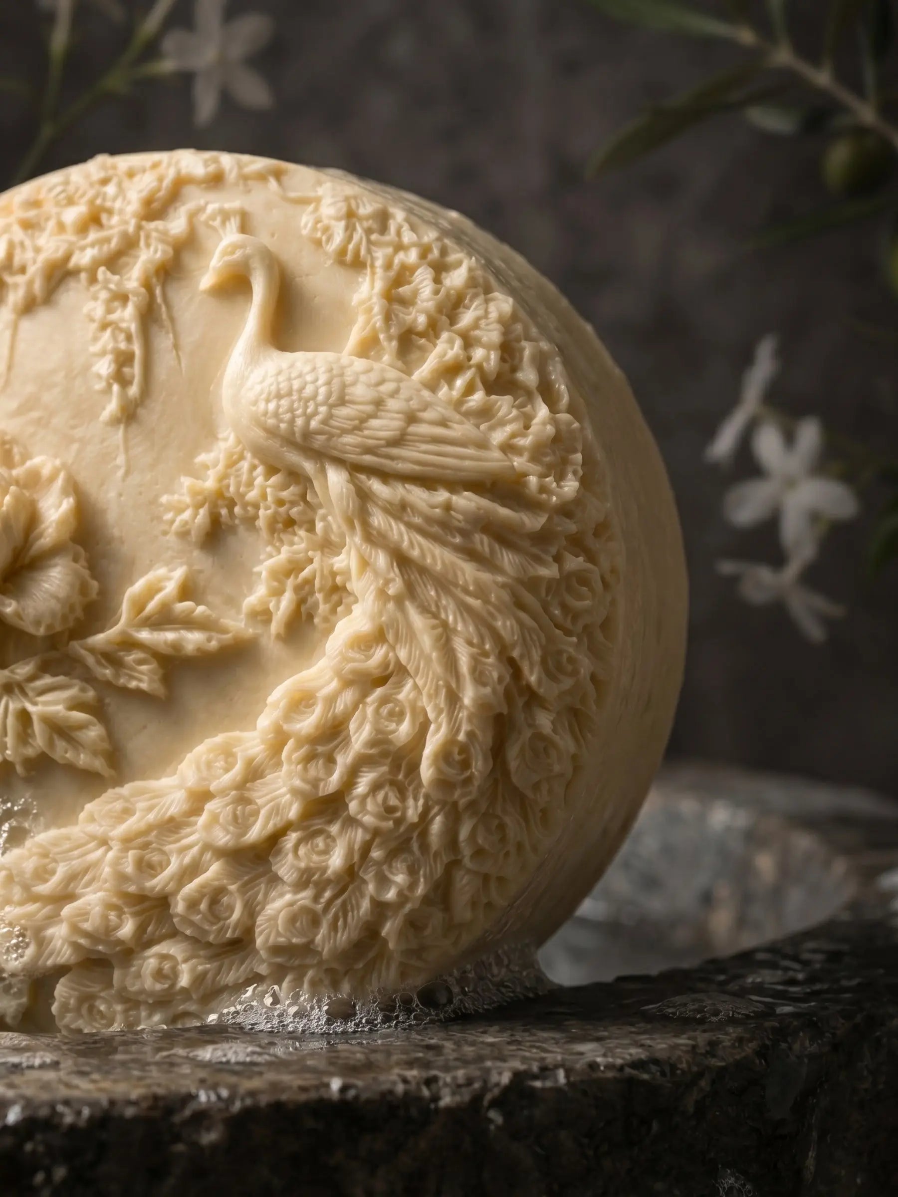 Peacock floral olive oil jasmine soap on stone surface, high-end handcrafted soap by DEOS Co.