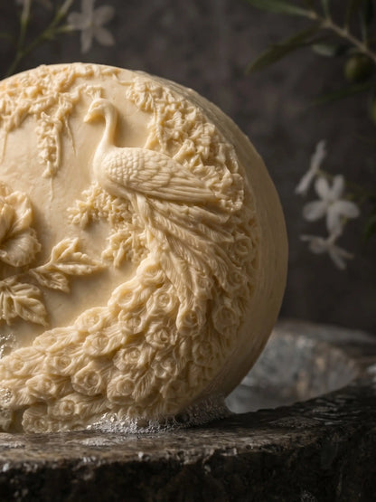 Peacock floral olive oil jasmine soap on stone surface, high-end handcrafted soap by DEOS Co.