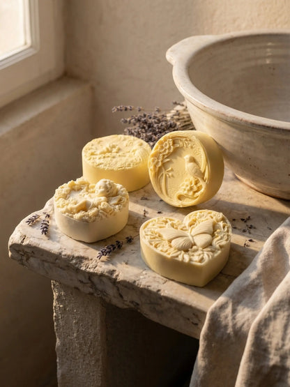 Olympian Quartet Nardus Bliss olive oil lavender soap set featuring Herald, Eros Angel, Hera peacock, and KARDIÁ butterfly heart soaps on marble beside a rustic basin