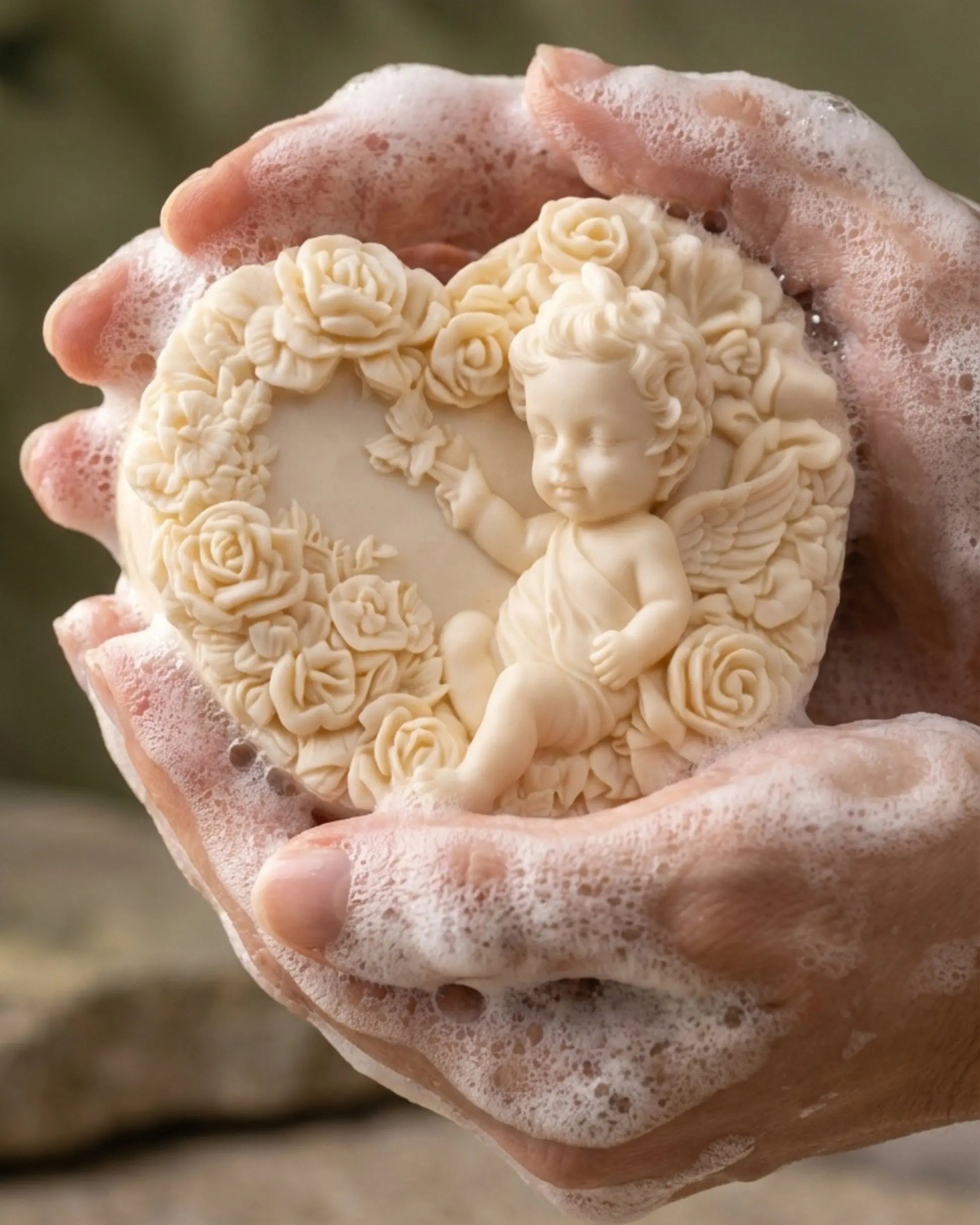 DEOS CO EROS Angel luxury soap handmade with olive oil and lavender, held in gentle foamy hands, premium artisanal soap for natural skincare.

Handcrafted Eros Angel soap by DEOSCO, natural olive oil and lavender soap in foamy hands, luxury artisanal skincare.

The Eros Angel — Pure Olive Oil & Lavender Soap | Nardus Bliss Collection