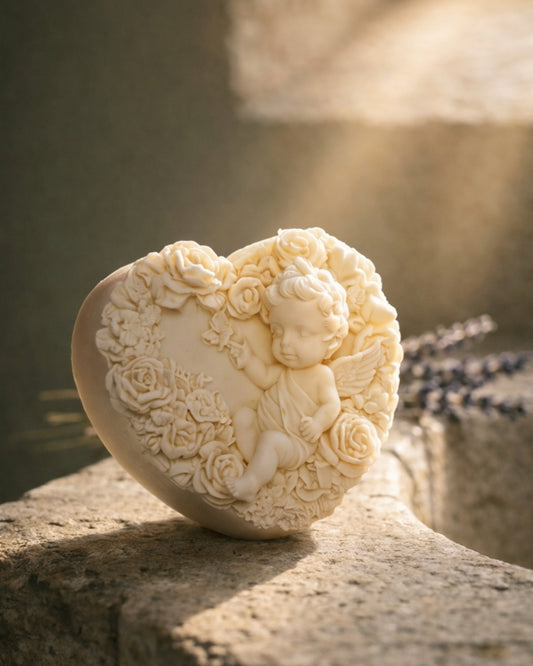 heart-shaped soap with angel and floral design on a stone surface by deosco - the eros angel nardus bliss soap by DEOS CO
The Eros Angel — Pure Olive Oil & Lavender Soap | Nardus Bliss Collection
