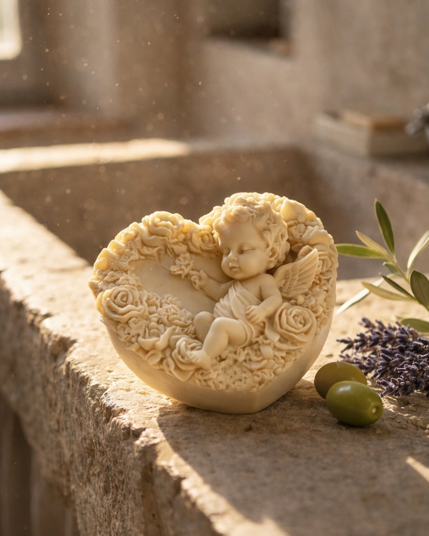 heart-shaped soap with angel and floral design on a stone surface by deosco - the eros angel nardus bliss soap by DEOS CO with olives and lavender flowers

The Eros Angel — Pure Olive Oil & Lavender Soap | Nardus Bliss Collection