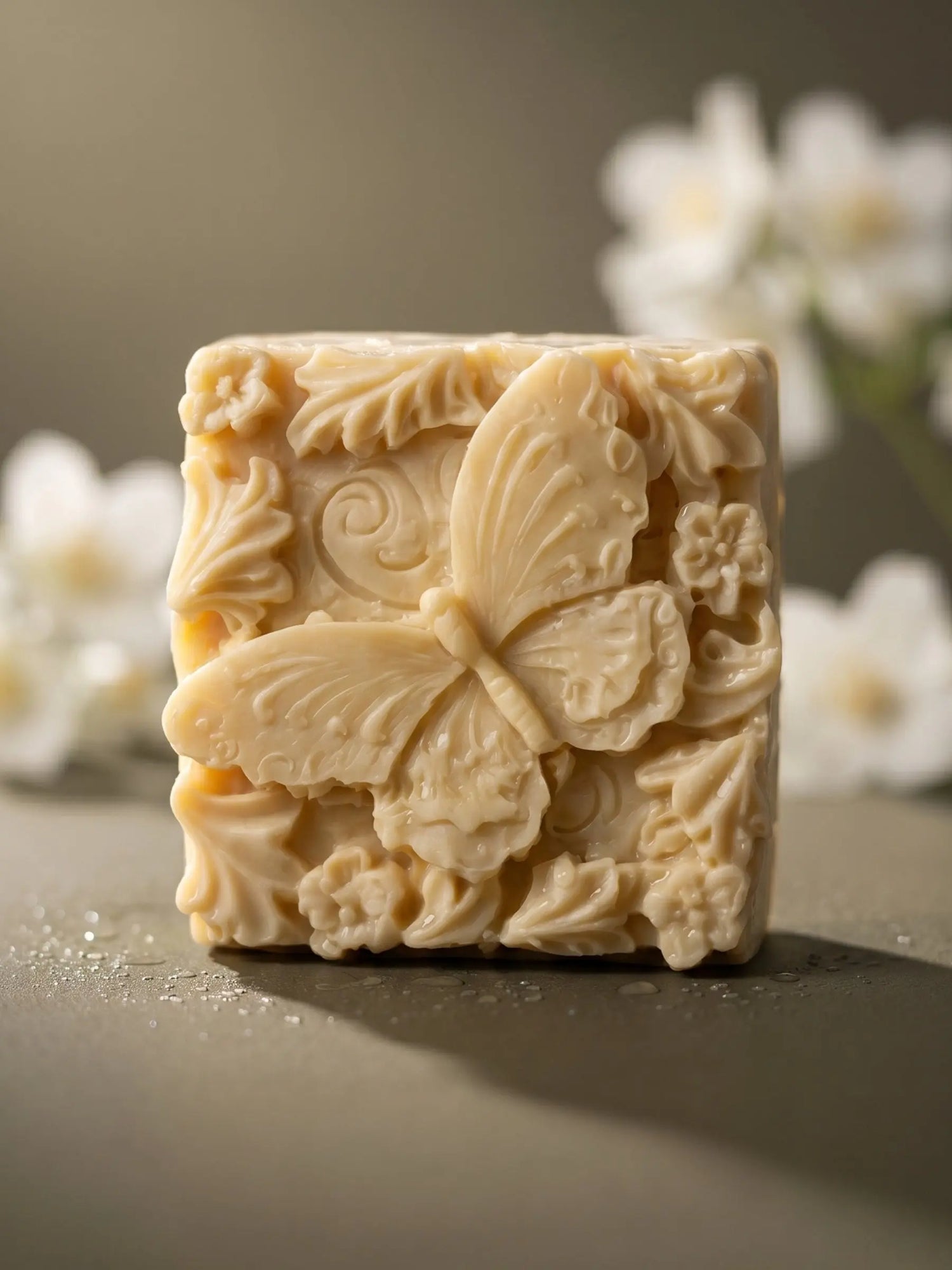 Butterfly jasmine olive oil soap with floral relief, luxury handmade soap by DEOS Co.