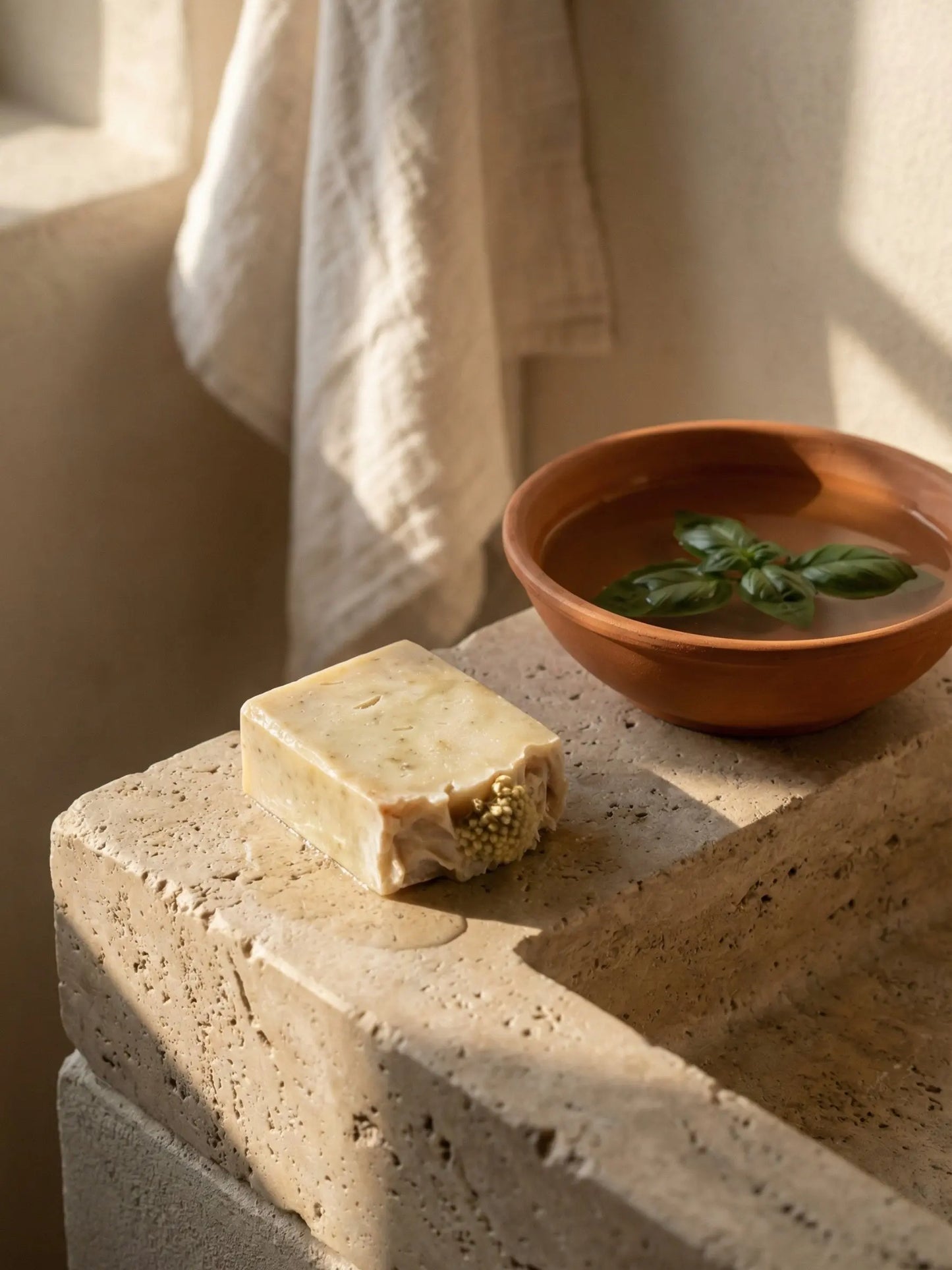 Luxury natural soap with basil and olive oil in spa setting, organic herbal skincare bar for hydration and gentle cleansing