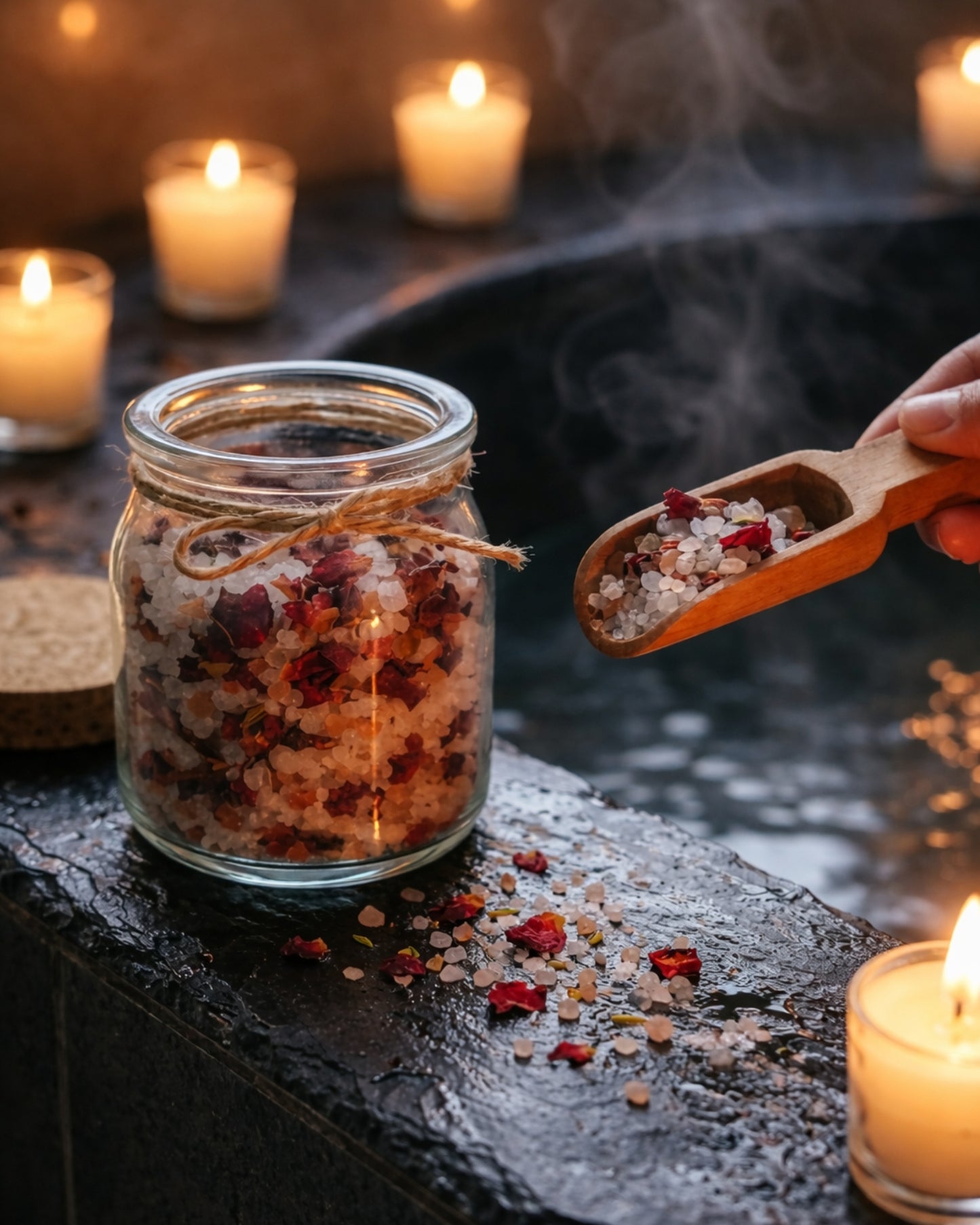 Aphrodite’s Bloom Rose Bath Salts by DEOS Co. cascading into a warm bath — a luxurious fusion of Himalayan salts and rose petals for glowing, hydrated skin.