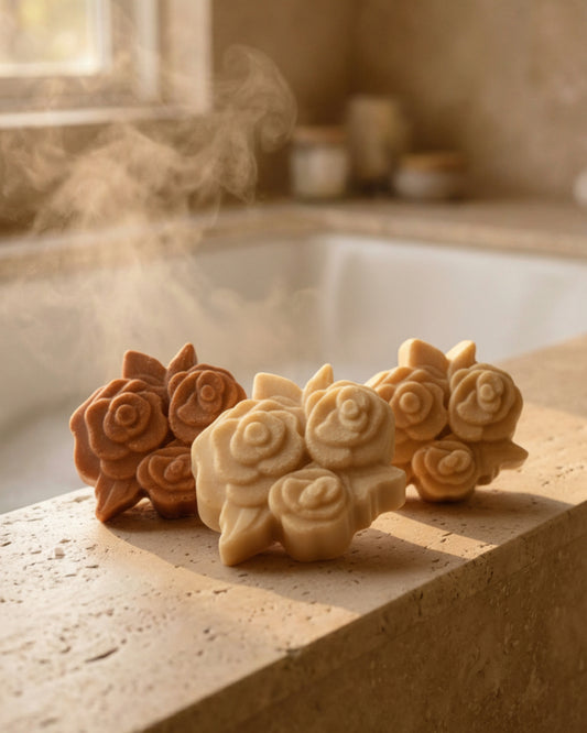 aphrodite's glow soap bars by DEOSCO shaped like flowers on a stone ledge with a steamy bath in the background.