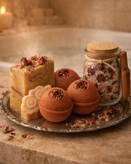 Aphrodite Complete Rose Self-Care 4-Pack Bundle — Full & Travel Soap, 3 Large Organic Rose Bath Bombs & Rose Mineral Bath Soak | Luxury Spa Gift Set