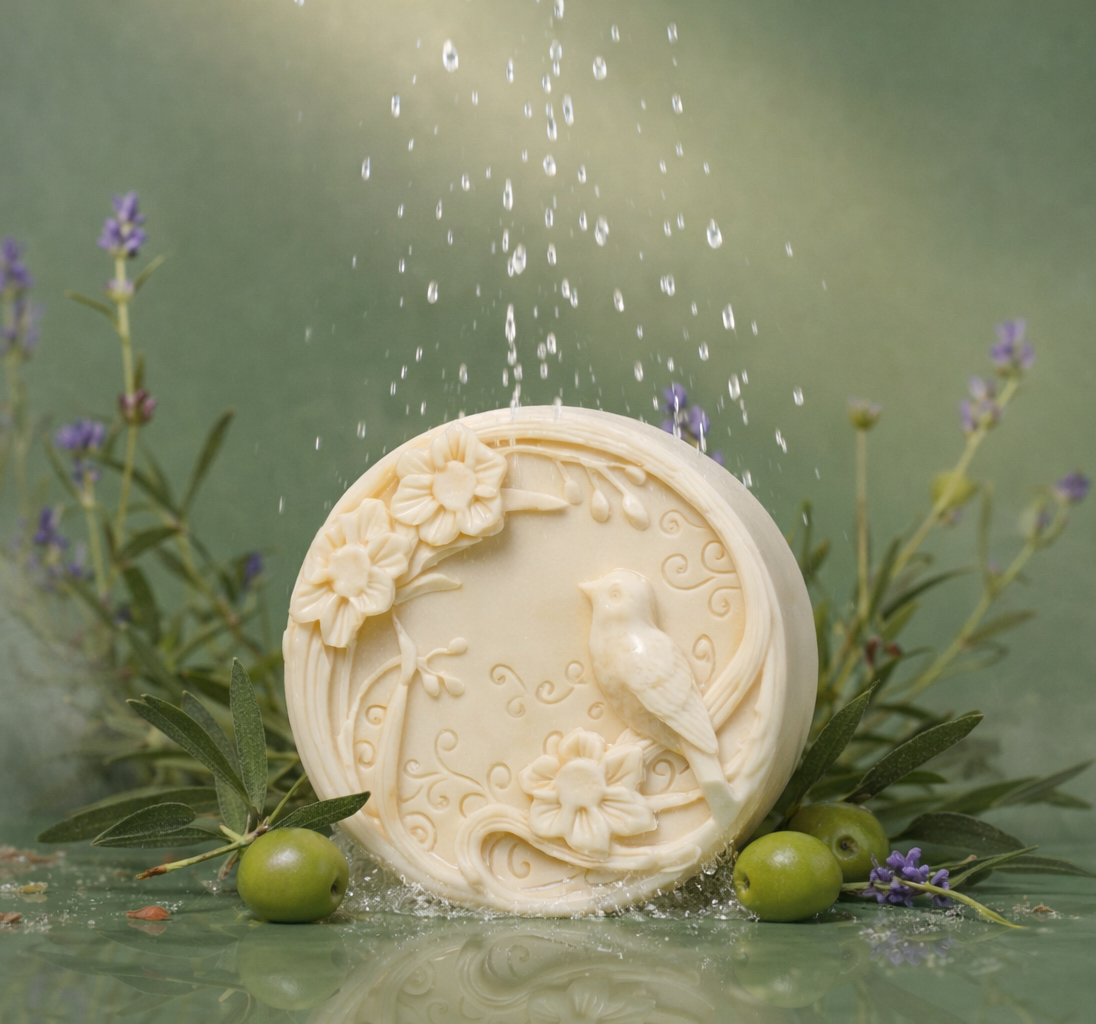 Decorative soap with bird and floral design surrounded by green olives and herbs on a green background