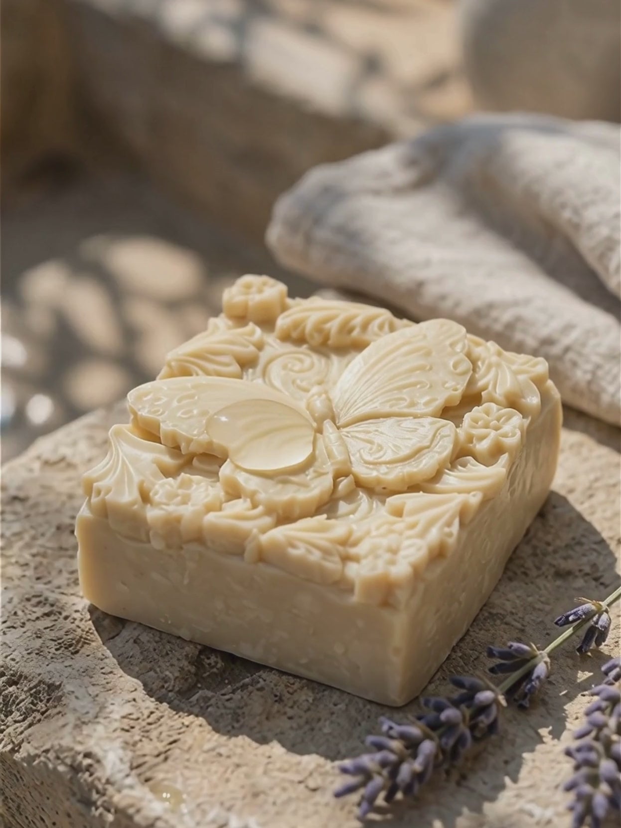Natural lavender olive oil soap with detailed butterfly design, artisan handcrafted bar by DEOS CO.