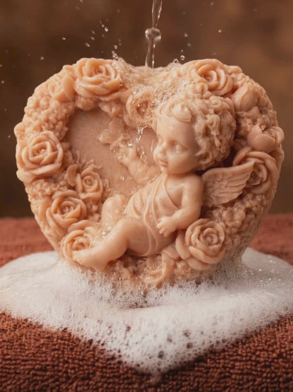 Eros Angel sculpted heart soap under running water, highlighting natural texture and romantic Valentine’s Day mood.