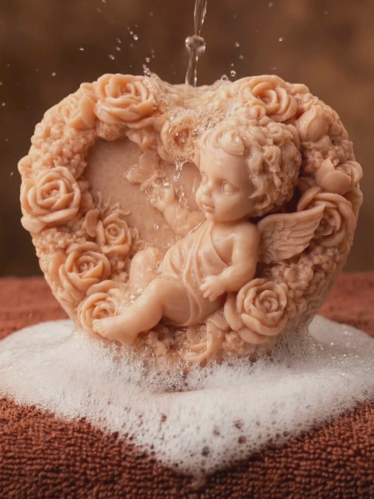 Eros Angel sculpted heart soap under running water, highlighting natural texture and romantic Valentine’s Day mood.